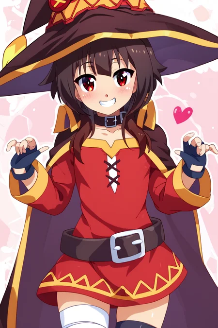 score_9, score_8_up, score_8, medium breasts, (curvy), cute, eyelashes, BREAK, , BREAK, <lora:konosuba-megumin-s2-ponyxl-lora-nochekaiser:0.7>, megumin, short hair, black hair, red eyes, short hair with long locks, thighhighs, gloves, hat, dress, black gloves, belt, black thighhighs, fingerless gloves, cape, collar, witch hat, bandages, red dress, single thighhigh, asymmetrical legwear, bandaged leg,, <lora:Konpeto_PDXL_v3:1.0>, , BREAK, smile, looking at viewer, cowboy shot, embedding:zPDXL, Expressiveh, <lora:SDXLFaeTastic2400:0.5>, <lora:Expressive_H-000001:0.4>,