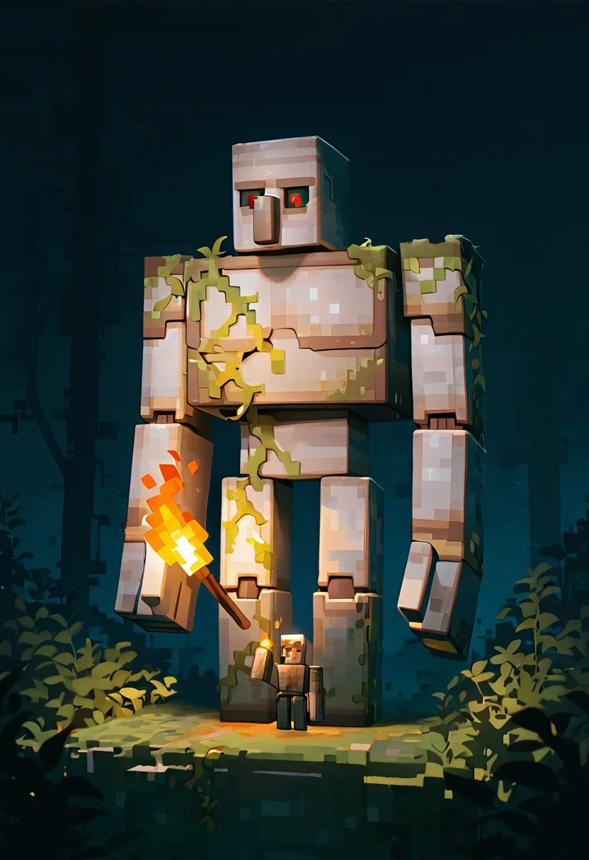 masterpiece, best quality, amazing quality, very aesthetic, absurdres, newest, cinematic, movie scene, foreground blur, 
ironglem, no humans, , black sclera, red pupils,  standing, solo, robot, big nose, long nose, no mouth, plant, grey metal body, vines, mecha, moss, ,  thick gray monobrow, big arms, red pupils, wide shoulders, big body, short legs
minecraft, mine craft house, night time, holding torch, fire torch,