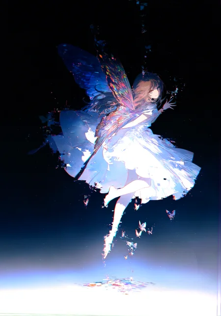 rella ,1girl, full body ,glitch , (colorful:0.8),one arm behind back,butterfly wings,dynamic pose,(waving at viewer),5fingers  looking back,smile, white dress,(leaning forward:0.8), bare feet,floating,(gradient background:1.2) ,(chromatic_aberration:1), light particles,night,[(digital dissolve,dissolving :1):(digital dissolve,dissolving :1.3):15], masterpiece,best quality,year 2024,newest,highres,absurdres,very Aesthetic