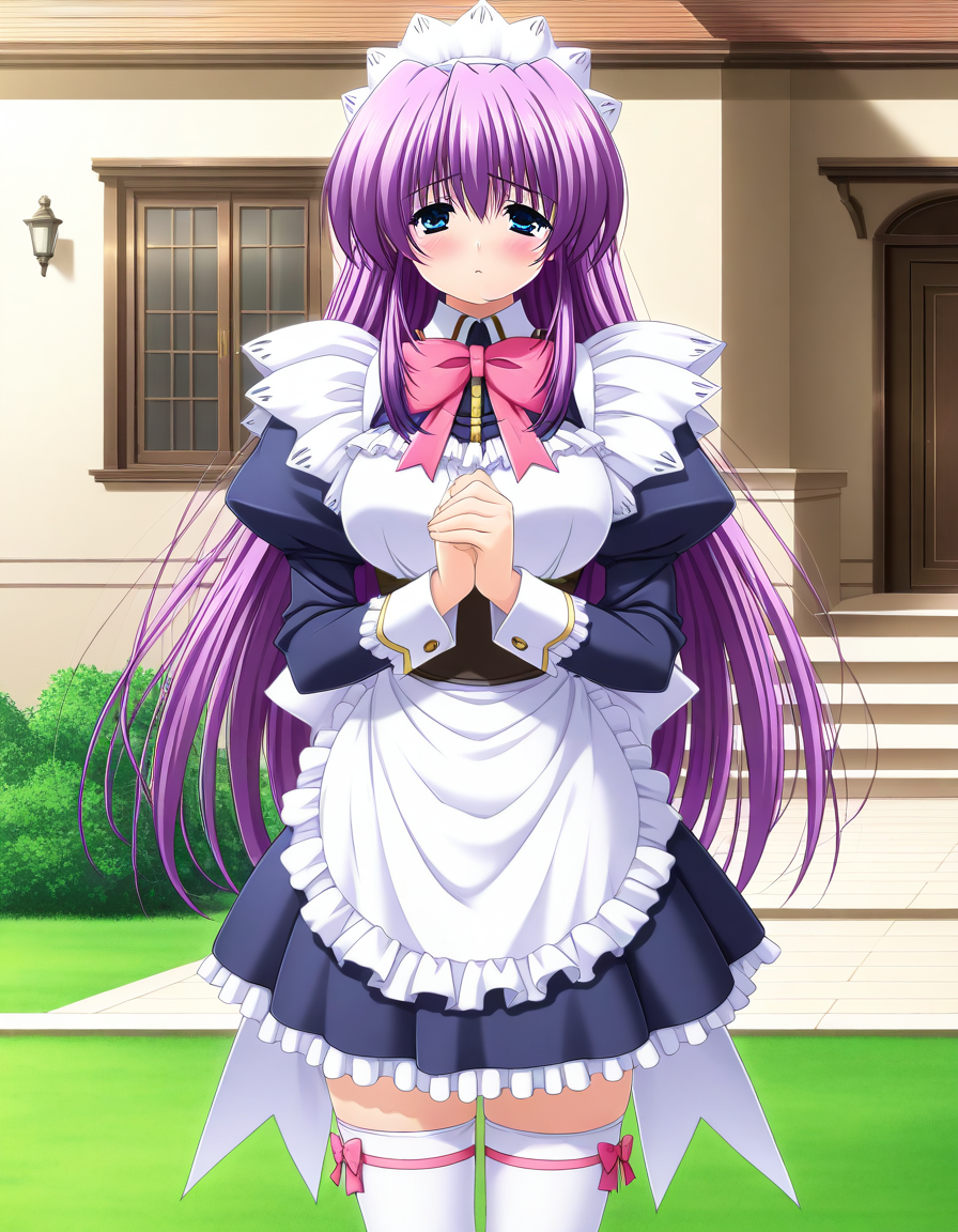 general,highres, ultra-detailed,very aesthetic,best quality ,best hands,  BREAK <lora:Mikado_Shizuru_IS:1> Mikado_Shizuru, 1girl, purple hair, long hair, blue eyes, maid, large breasts, maid headdress, apron, frills, game cg style,
 solo, thighhighs, bow, blush, long sleeves, zettai ryouiki, white thighhighs, own hands together, puffy sleeves, pink bow, juliet sleeves,
dress, ribbon, standing, skirt, mole,
Western-style building, grass,