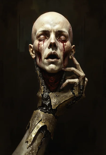 A chilling close-up of a severed human head, held aloft by a polished robotic hand. The head is presented directly to the viewer, its lifeless eyes half-open, with an eerie expression frozen between fear and resignation. The skin is pale and clammy, with faint streaks of blood trailing from the neck onto the metallic fingers gripping it firmly. Fine details are captured with unsettling realismâthe texture of the skin, the strands of hair clinging to the head, and the subtle bruising around the neck. The robotic hand is sleek and humanoid, crafted from brushed steel with intricate engravings of art nouveau patterns, its precision and elegance contrasting starkly with the grotesque nature of the scene. The background is minimal and shadowed, with a faint, warm glow illuminating the head and casting soft reflections on the metallic hand. The lighting focuses sharply on the head, emphasizing every morbid detail while leaving the rest of the robot and surroundings in ominous obscurity. The composition is both haunting and sophisticated, blending macabre elements with mechanical perfection. <lora:Elden_Ring_-_Yoshitaka_Amano.safetensors:1.0>, <lora:d4artstyle-000023.safetensors:1.0>,