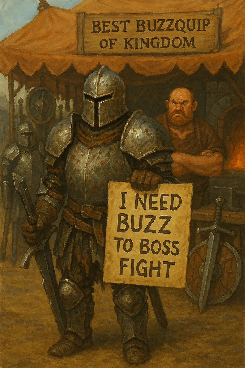 (fantasy warrior:1.3), (medieval armor:1.3), dirty and scratched steel armor, tired-looking male warrior sitting on the ground, holding a broken sword in one hand, holding a wooden sign with the text "I Need Buzz to Boss Fight" in the other, (blacksmith yelling in the background:1.2), angry blacksmith man with muscular arms and apron, standing behind a medieval gear tent, (medieval equipment tent:1.3), detailed weapons and armors displayed: swords, shields, helmets, (blacksmith forge to the side:1.2), warm ambient lighting, dirt ground, fantasy RPG setting, (hand-painted semi-realistic style:1.2), (soft textures:1.1), full scene illustration, wide shot, expressive faces