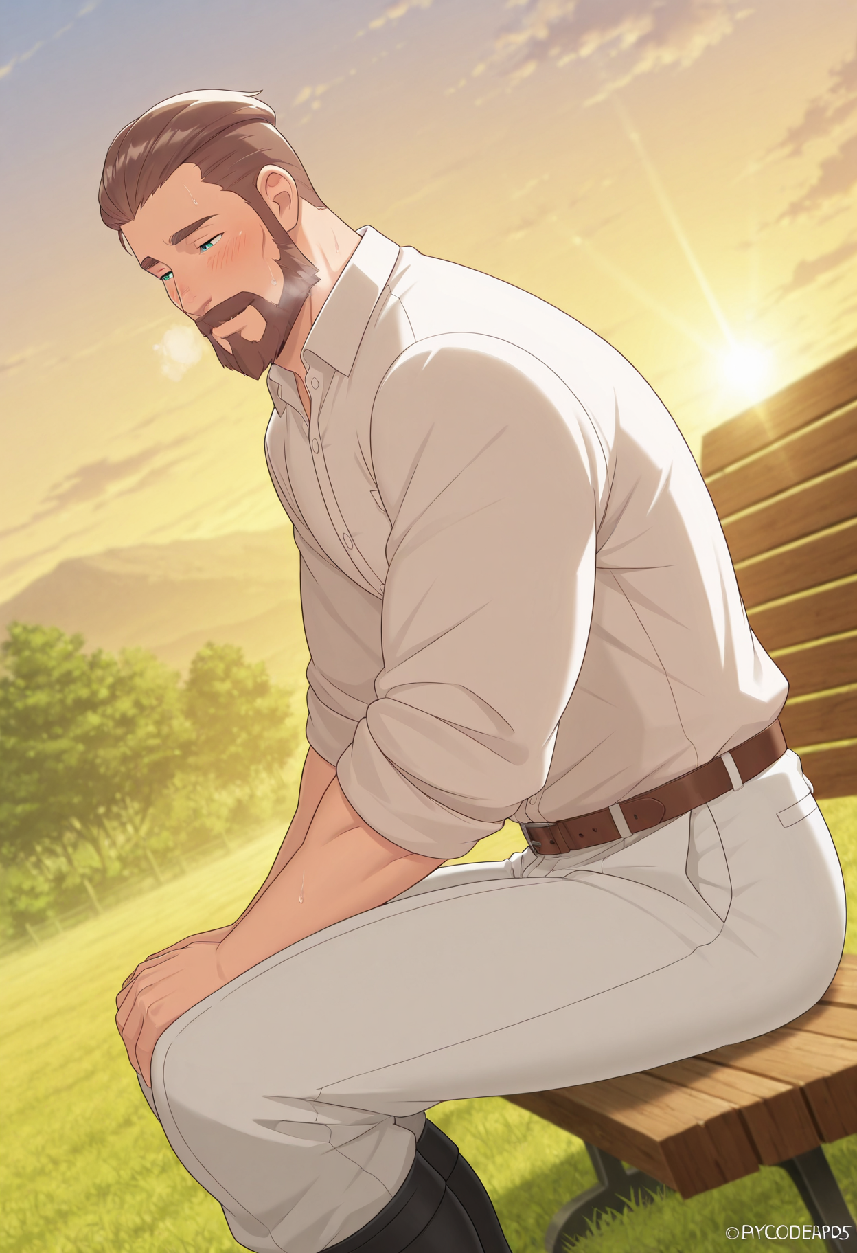 <lora:Leopold_Auvergne_-_from_anime_Bureaucrat_to_Villainess_Dads_Been_Reincarnated:0.9>, safe_pos, solo, masterpiece, detailed, uwa, huge filesize, ultra hd, best quality, male focus, (absurdres, highres), 1boy, official art, bright, LeopoldAuvergne, brown hair, short hair, hair slicked back, forehead, aqua eyes, thick eyebrows, beard, mustache,  adult, mature, white shirt, collared shirt, sleeves pushed up, brown belt, white pants, black boots,
solo, soft smile, blush lines, sitting, hand on legs, blurry outdoor sunset view, bench, from side, dutch angle,