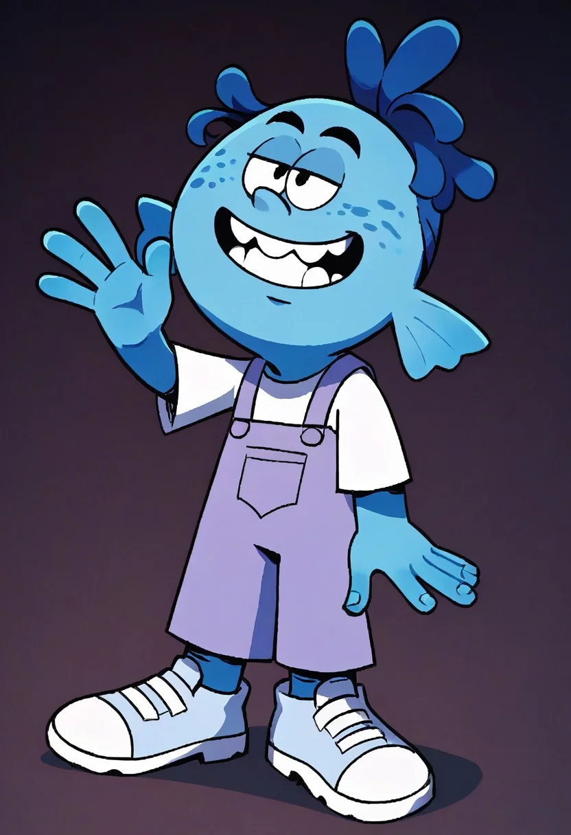 (score_9 | score_8_up | score_7_up) ((masterpiece:1))(best quality,very high quality,ultra detailed:1.2) (2D,cartoon style,anime style)(Smooth:2)(clean blurring) (four fingers on each hand,one thumb on each hand:1), Leon Loud, solo, 1boy, two strands of hair, teeth, white shirt, lavender overalls, white booties, light aquamarine skin color, dark-blue tentacle hair, freckles, large fins acting as ears