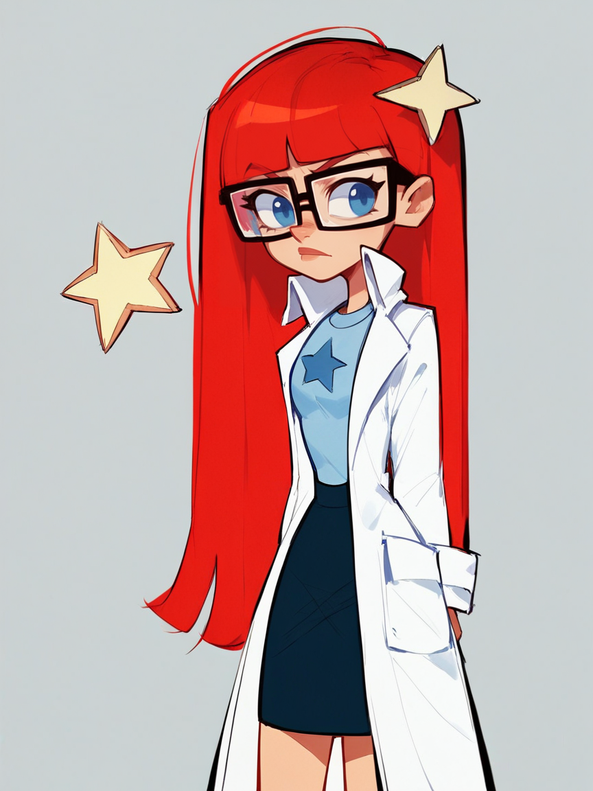 score_9, score_8_up, score_7_up, score_6_up, score_5_up,  <lora:SusanMarytestXLP:1> jt, labcoat, glasses, red hair, long hair, susan test, 1girl, blue eyes, star (symbol), skirt, solo