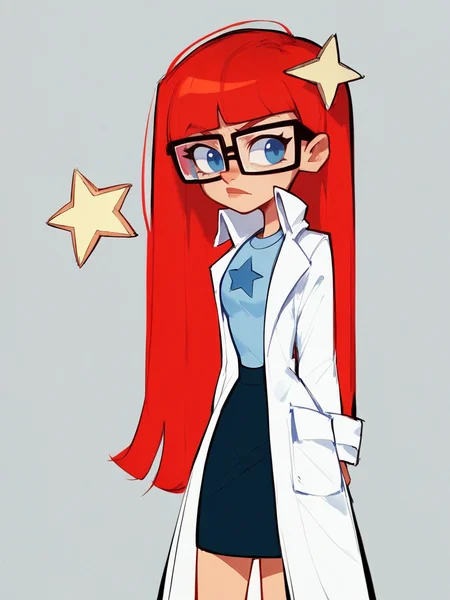 score_9, score_8_up, score_7_up, score_6_up, score_5_up,  <lora:SusanMarytestXLP:1> jt, labcoat, glasses, red hair, long hair, susan test, 1girl, blue eyes, star (symbol), skirt, solo
