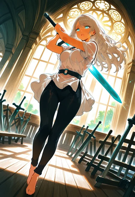 masterpiece, best quality, amazing quality, aesthetic, absurdres, newest, very aesthetic, volumetric lighting, uncensored, 8k, ultrahd, ray tracing, sharp focus,
BREAK
nsfw, ambient occlusion, intricate cinematic background, beautiful detailed face, (sexy, slutty, hot), anime_face, Hews,
BREAK
masterpiece, highly detailed, solo, beautiful eyes, big eyes, (cyan eyes, bright pupils), glowing eyes, detailed eyes, perfect eyes, detailed pupils, perfect body, (sexy lips), 1girl,
BREAK
fair skin,
BREAK
white hair, long hair, swept bangs from left, medium breasts, loose white tunic, tight black trousers, sabatons,
BREAK
dynamic action pose, standing, dynamic expressions, holding weapon, greatsword, training, swinging, sparring, sweaty, focused,
BREAK
portrait, face focus, dutch angle, full body, indoors, day, sunlight, training arena, huge windows, mirrors, weapon racks, medieval fantasy, rich color tone, tasteful layout, cinematic composition, detailed background,