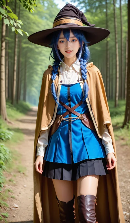 score_9, score_8_up, score_7_up,
<lora:P-Roxy:0.8> r0x7, 1girl, solo, blue eyes, blue hair, long hair, hair between eyes, bangs, twin braids, brown cape, witch hat, cape, pleated skirt, long sleeves, black skirt, small breasts, seductive smile, parted lips, eyelashes, standing, (cowboy shot, realistic, photorealistic), thigh boot, black thighhighs, forest background,
,glistening skin, <lora:shinyskin2:0.5>,
masterpiece, expressiveh, <lora:Expressive_H:0.3>
