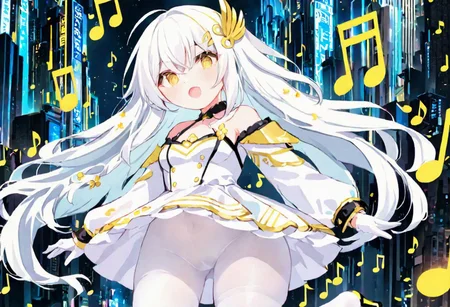 Best quality, masterpiece, sci-fi extremely dark abyss city, music notes, one singer girl with round pert breasts, majestic walk, hands gesturing, adorable pure white long loose hair, simple hairpin, adorable smooth happy face, singing, open mouth, bright yellow eyes, detailed kawaii makeup, beautiful white dress with long sleeves and gloves, slim waist, very short miniskirt, white tights, thick clavicle, thick pelvis, thick hips, thick thighs, heels