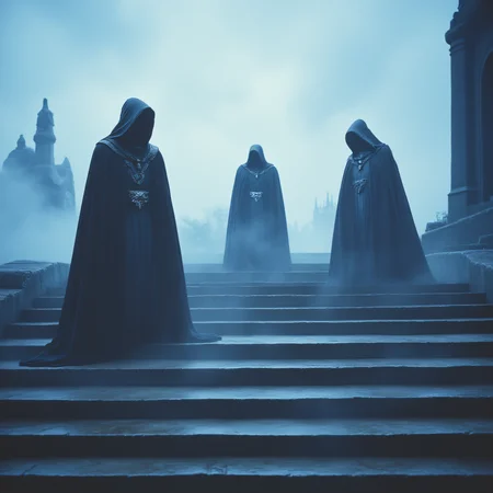 ArsMovieStill, 80s Fantasy Movie Still, The image shows three figures standing on a set of stairs in a foggy landscape. The figures are all wearing long dark robes and hooded cloaks covering their heads and shoulders. The sky is filled with clouds and there is a hint of smoke or fog in the air. The overall mood of the image is eerie and mysterious. The image appears to be taken from a low angle looking up at the figures., stairs, blue theme, cloak, statue, monochrome, standing, sky, cloud, 1boy, hood