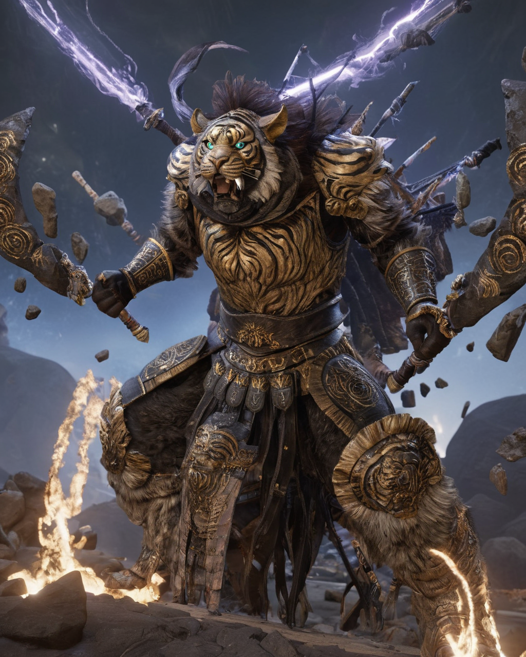 starscourgexl full armor tiger,surrounded by floating electricity rocks,holding a greatsword,scenery in the background,awardwinning,masterpiece,((realistic)),128k UHD,octane render,sharp focus,trending on artstation,raw photograpy, <lora:Starscourgexl-step00000357:0.9>,((no humans))