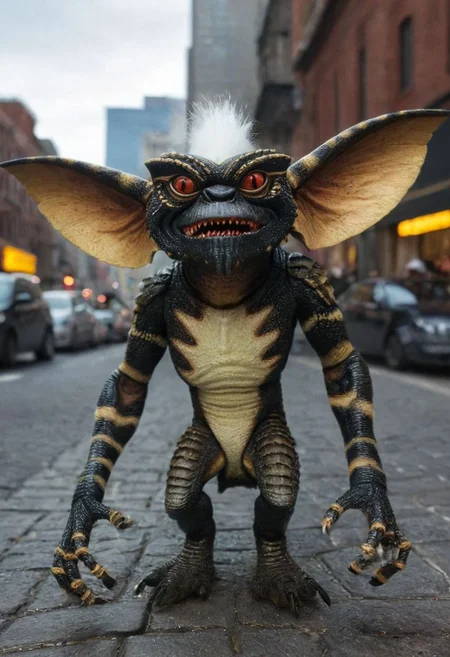 amazing quality, masterpiece, best quality, hyper detailed, ultra detailed, UHD, perfect anatomy, portrait, dof,multitude Gremlins in a street of big city, hyper-realism, majestic, awesome, inspiring, - (ogremlino, Omultipleo, :1.5), cinematic composition, soft shadows, national geographic style,