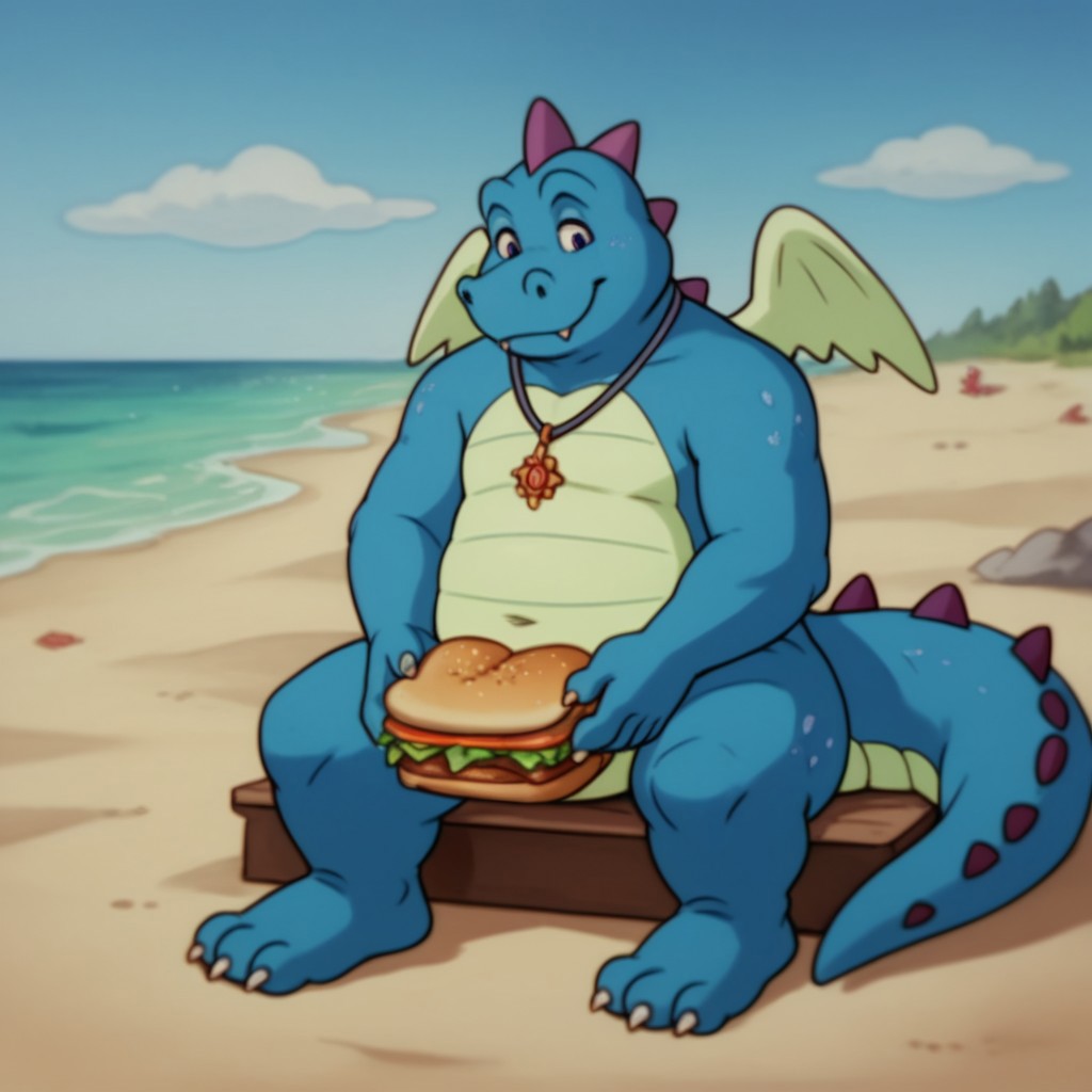 score_9, score_8_up, score_7_up, score_6_up, score_5_up, score_4_up, source_furry, OrdDT, semi-anthro, male, dragon, blue skin, wings, jewelry, necklace, sitting, on beach, holding sandwich