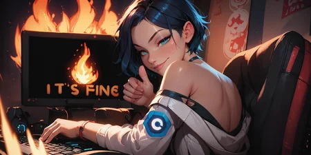 score_9, score_8_up, score_7_up, score_6_up, source_anime, seductive, hd, best quality, highres, extremely detailed, detailed skin, Perfect face, Beautiful eyes, zPDXL2, (embedding:zPDXL2:1.1), 1girl, solo, looking back at viewer, short hair, dark blue hair, blue eyes, a girl setting in front of the Computer, setting, white jacket, off shoulder, thumbs up, (The fire creates text " IT'S FINE " on monitor), computer screen covered with flames, indoors, fire, keyboard \(computer\), (half-closed eyes:1.2), evil smile, smirk, closed mouth  <lora:EnvyPonySeductress01a:1.0>  <lora:sinfully_stylish_SDKL:0.6> <lora:princess_xl_v2:0.7> <lora:Lora(Pony) Concept Art Twilight Style:0.6>  <lora:incase-ilff-v3-4:0.36>
