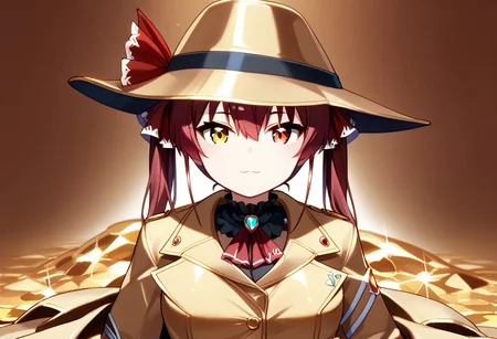 score_9, score_8_up, score_7_up, super aesthetic, rating:safe, rating:general, DeaverStyle, 1girl, solo, aua, red eyes, yellow eyes, heterochromia, gold clothing, gold hat, fully-clothed, gloves, big coat, illustration, gold, cute, shiny skin, vivid colors, treasure room, gold treasure,