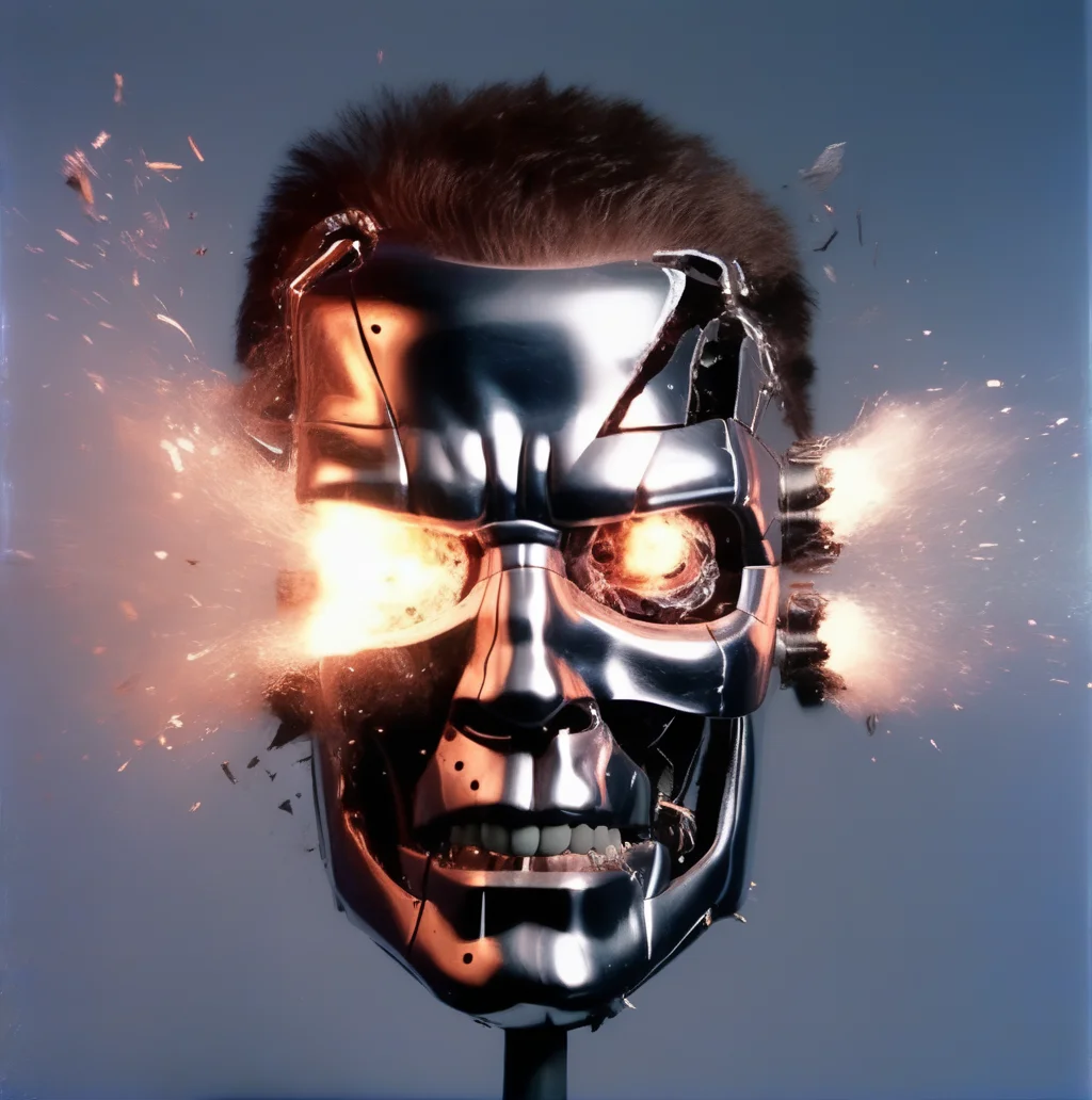 motioshot exploding terminator head, smoke and sparks<lora:motioshot:1>