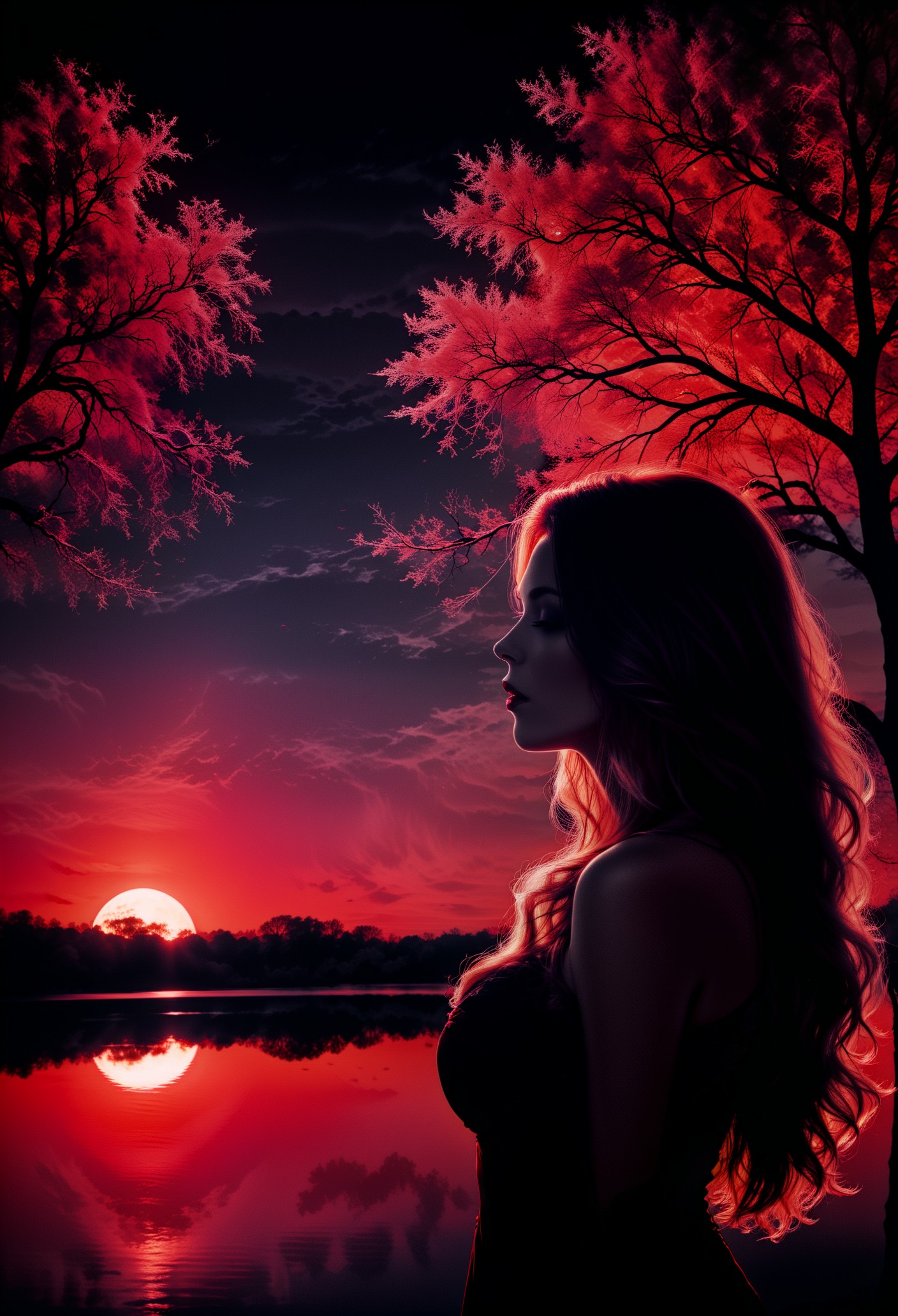 a pitch black setting with a silhoutte of a beautiful long haired woman lit up by a red hue, magical, silhouette, red theme, red horizon, tree silhouette, eyes closed, ephemeral, reflection  <lora:sdxl\add-detail-xl> <lora:sdxl\xl_more_art-full_v1>