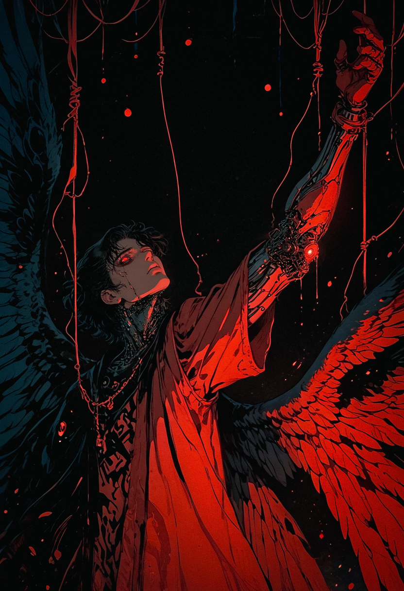 score_9, score_8_up, score_7_up, solo, 1boy, from side, no pupils, blank eyes, falling, 1arm up, reaching, male focus, arms up, hands up, dripping, chaos, black background, red theme, abstract, dark aesthetic, Sinozick, wings, multiple wings, robotic circuits, looking up, flat, retro, dated, f3nn3r, dark theme, gloomy, chain, wires, <lora:sdxl_lightning_8step_lora:1> <lora:Art_Adams_Style_Pony_XL:0.4> <lora:Dark_Anime:0.2> <lora:glowneon_xl_v1:0.4> <lora:nostalgia-000011:0.4>   <lora:Sinozick2:0.4>   <lora:f3nn3rXLP:0.8>