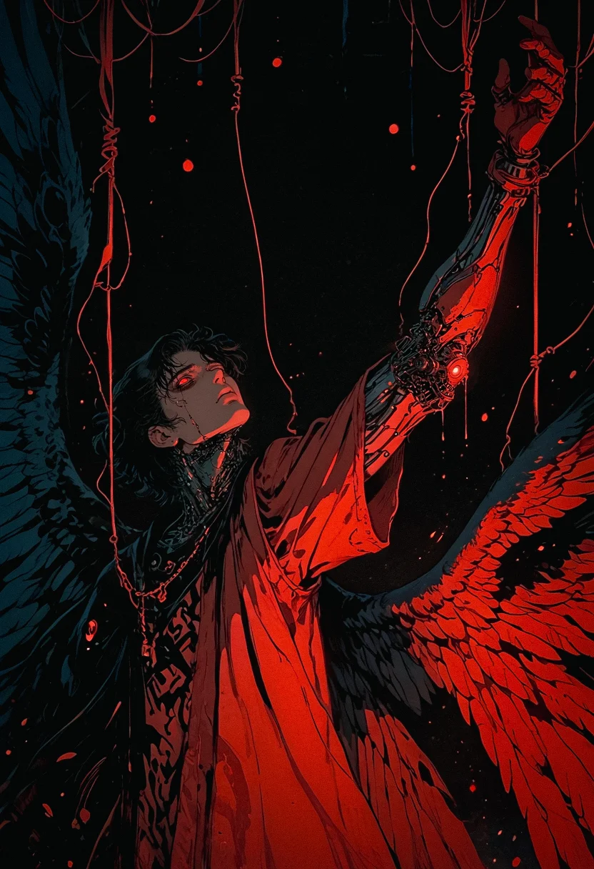 score_9, score_8_up, score_7_up, solo, 1boy, from side, no pupils, blank eyes, falling, 1arm up, reaching, male focus, arms up, hands up, dripping, chaos, black background, red theme, abstract, dark aesthetic, Sinozick, wings, multiple wings, robotic circuits, looking up, flat, retro, dated, f3nn3r, dark theme, gloomy, chain, wires, <lora:sdxl_lightning_8step_lora:1> <lora:Art_Adams_Style_Pony_XL:0.4> <lora:Dark_Anime:0.2> <lora:glowneon_xl_v1:0.4> <lora:nostalgia-000011:0.4> <lora:Sinozick2:0.4> <lora:f3nn3rXLP:0.8>