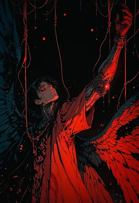 score_9, score_8_up, score_7_up, solo, 1boy, from side, no pupils, blank eyes, falling, 1arm up, reaching, male focus, arms up, hands up, dripping, chaos, black background, red theme, abstract, dark aesthetic, Sinozick, wings, multiple wings, robotic circuits, looking up, flat, retro, dated, f3nn3r, dark theme, gloomy, chain, wires, <lora:sdxl_lightning_8step_lora:1> <lora:Art_Adams_Style_Pony_XL:0.4> <lora:Dark_Anime:0.2> <lora:glowneon_xl_v1:0.4> <lora:nostalgia-000011:0.4>   <lora:Sinozick2:0.4>   <lora:f3nn3rXLP:0.8>