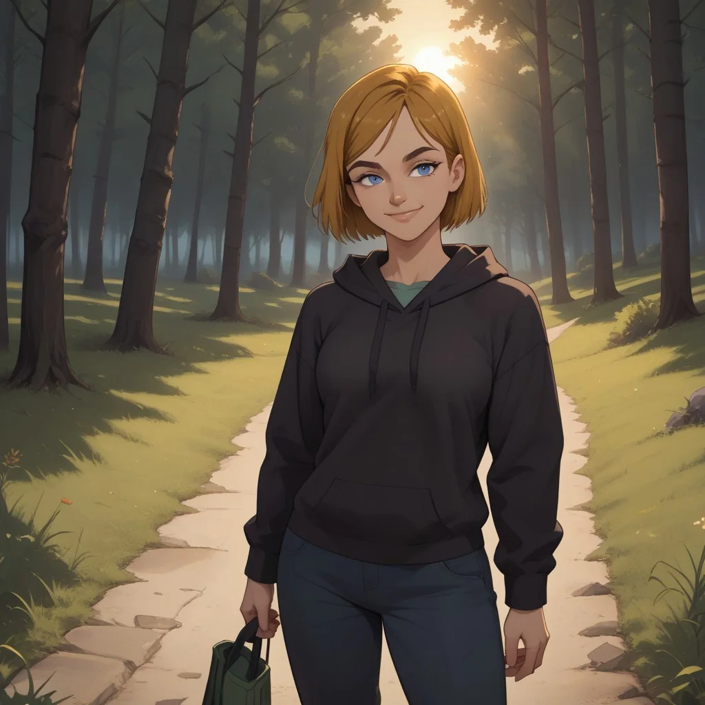 score_9, score_8, BREAK, solo, total drama, 1girl, dark blonde hair, indigo eyes, black eyebrows, pointy nose, lips, dark brown hoodie, dark blue pants, green sneakers, Jo_(\Total_Drama\), tdroti, short hair, sexy pose, smile, outdoors, sunlight, shadows, evening lighting, natural lighting, forest, trees, grass, orange sky, sunset