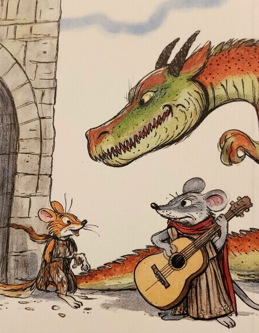 <lora:suteev:1>, <lora:chzcat:0.4>, This image is a detailed digital drawing in a whimsical, cartoon style. The scene depicts a medieval fantasy setting, featuring a large, majestic dragon and two anthropomorphic characters. The dragon is a fierce, red-and-green creature with large, sharp teeth, a long snout, and menacing eyes. It stands tall, with a muscular, scaly body, and is positioned slightly to the left of the image, occupying most of the background., 
In the foreground, to the right, stands a gray mouse dressed in medieval attire, complete with a red scarf and a brown, leather-like tunic. The mouse is holding an acoustic guitar, strumming it with one paw while the other rests on its hip. The mouse has a friendly, confident expression, and its eyes are wide and expressive., 
In the center of the image, a small, orange and white cat dressed in medieval armor stands on two legs, looking up at the dragon with a curious, slightly fearful expression. The cat is wearing a brown, metal breastplate and a red sash around its waist. It has a small, pointed sword at its side., 
The background features a stone archway with a clear blue sky and fluffy clouds above, suggesting an outdoor location. The overall mood is light-hearted and humorous