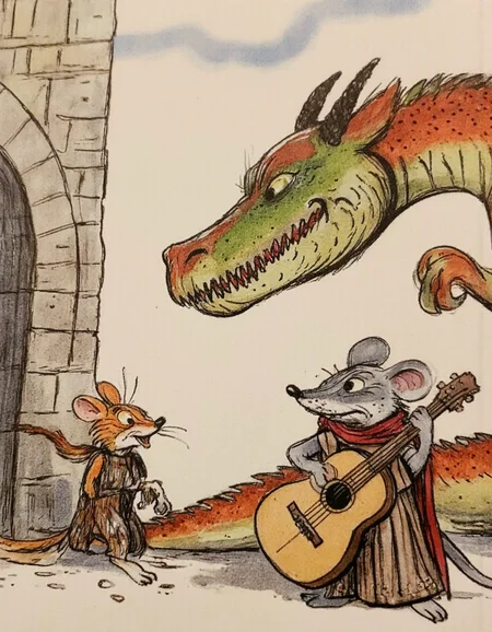 <lora:suteev:1>, <lora:chzcat:0.4>, This image is a detailed digital drawing in a whimsical, cartoon style. The scene depicts a medieval fantasy setting, featuring a large, majestic dragon and two anthropomorphic characters. The dragon is a fierce, red-and-green creature with large, sharp teeth, a long snout, and menacing eyes. It stands tall, with a muscular, scaly body, and is positioned slightly to the left of the image, occupying most of the background.,
In the foreground, to the right, stands a gray mouse dressed in medieval attire, complete with a red scarf and a brown, leather-like tunic. The mouse is holding an acoustic guitar, strumming it with one paw while the other rests on its hip. The mouse has a friendly, confident expression, and its eyes are wide and expressive.,
In the center of the image, a small, orange and white cat dressed in medieval armor stands on two legs, looking up at the dragon with a curious, slightly fearful expression. The cat is wearing a brown, metal breastplate and a red sash around its waist. It has a small, pointed sword at its side.,
The background features a stone archway with a clear blue sky and fluffy clouds above, suggesting an outdoor location. The overall mood is light-hearted and humorous