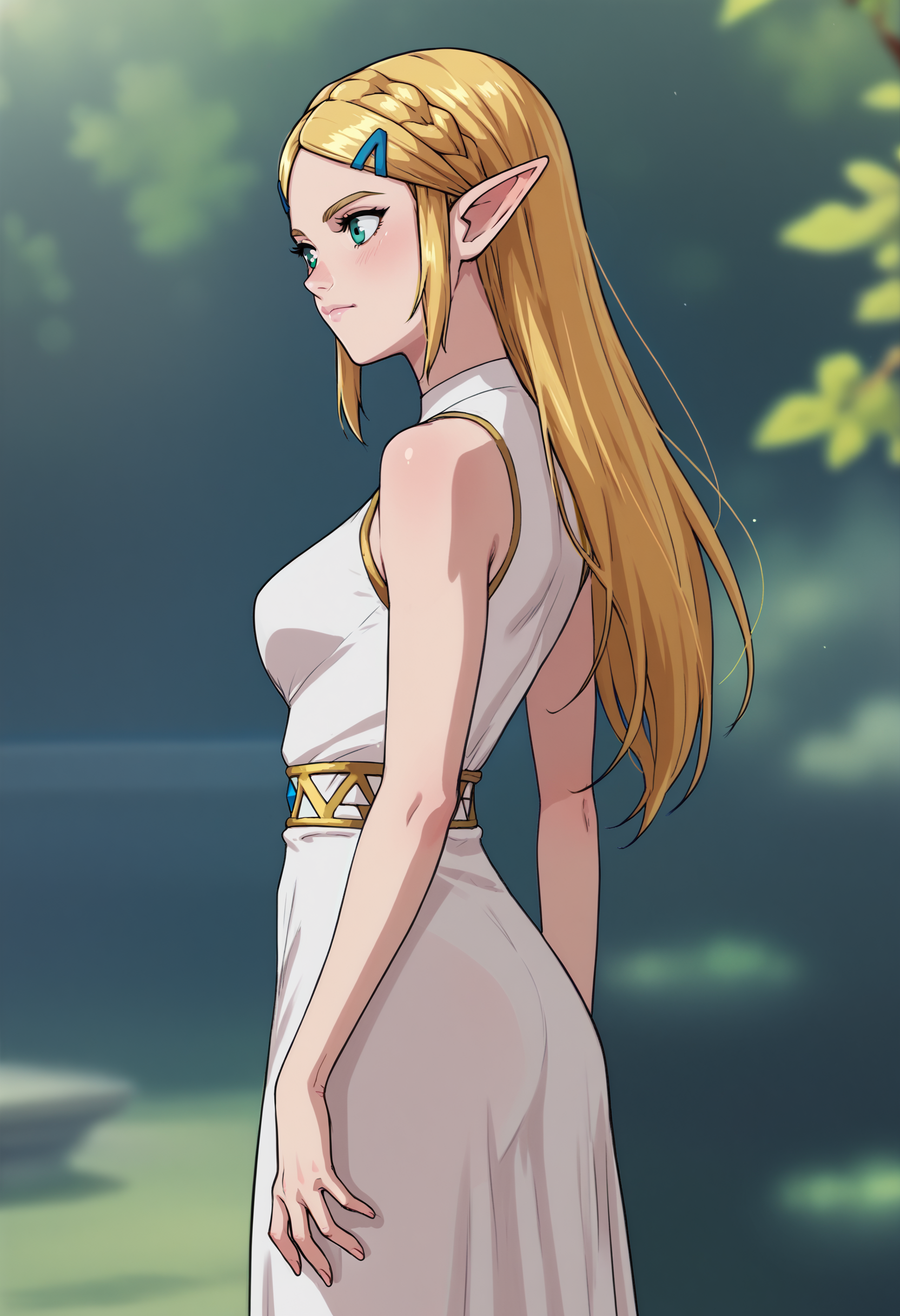score_9, score_7_up, <lora:drivenaffairstekuho-guy-PONY-DORAv1:1>, 1girl, solo, princess zelda, white dress, sleeveless, depth of field