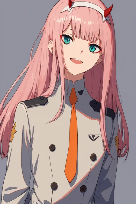 1girl,zero two (darling in the franxx),long hair,solo,pink hair,horns,uniform,hairband,smile,looking at viewer,necktie,aqua eyes,white hairband,military uniform,open mouth,bangs,orange necktie,military,arm behind back,long sleeves,score_8_up,<lora:ç¦è¶_XL_PONY:0.8>,