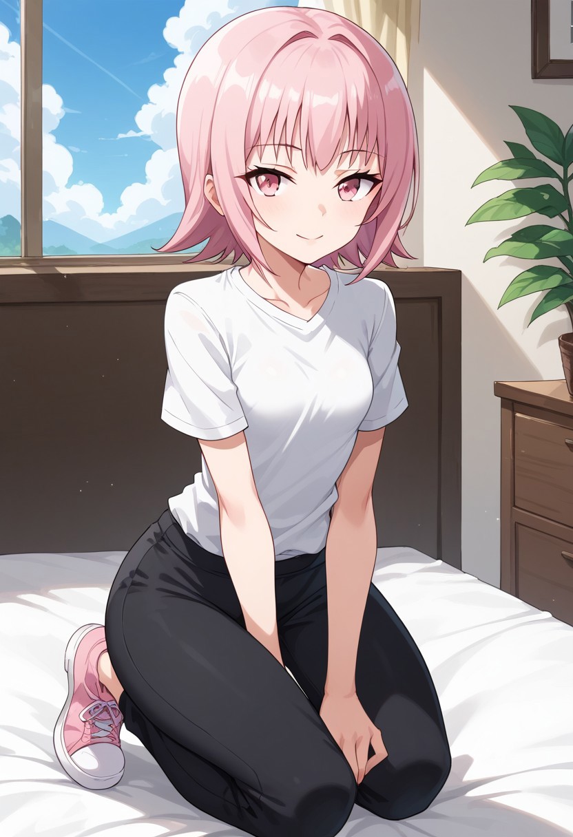 ,score_9, score_8_up, score_7_up, score_6_up, score_5_up,(solo:1.9),1girl, 
BREAK
Tamao Tamamura , pink hair, pink eyes, short hair, (small breasts),white shirt,short sleeves,black pants, pink sneakers,on knees, 
BREAK
Prades blue sky