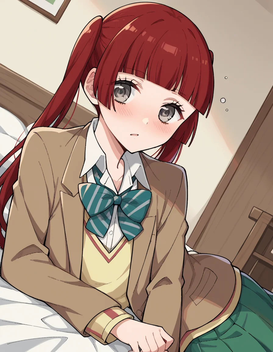 score_9, score_8_up, score_7_up, source_anime, <lora:n-arisugawa-oc-ponyxl-lora-nochekaiser:1>, n-arisugawa, long hair, red hair, bangs, blunt bangs, hime cut, grey eyes,, twintails, skirt, long sleeves, school uniform, jacket, miniskirt, green skirt, blazer, brown blazer, sweater vest, yellow sweater vest, bowtie, green bowtie, striped bowtie, collared shirt,, indoors, bed, bed room, on side, blush, drunk, looking at viewer, solo,, cowboy shot, dutch angle