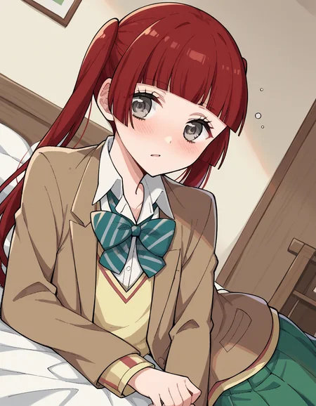 score_9, score_8_up, score_7_up, source_anime, <lora:n-arisugawa-oc-ponyxl-lora-nochekaiser:1>, n-arisugawa, long hair, red hair, bangs, blunt bangs, hime cut, grey eyes,, twintails, skirt, long sleeves, school uniform, jacket, miniskirt, green skirt, blazer, brown blazer, sweater vest, yellow sweater vest, bowtie, green bowtie, striped bowtie, collared shirt,, indoors, bed, bed room, on side, blush, drunk, looking at viewer, solo,, cowboy shot, dutch angle