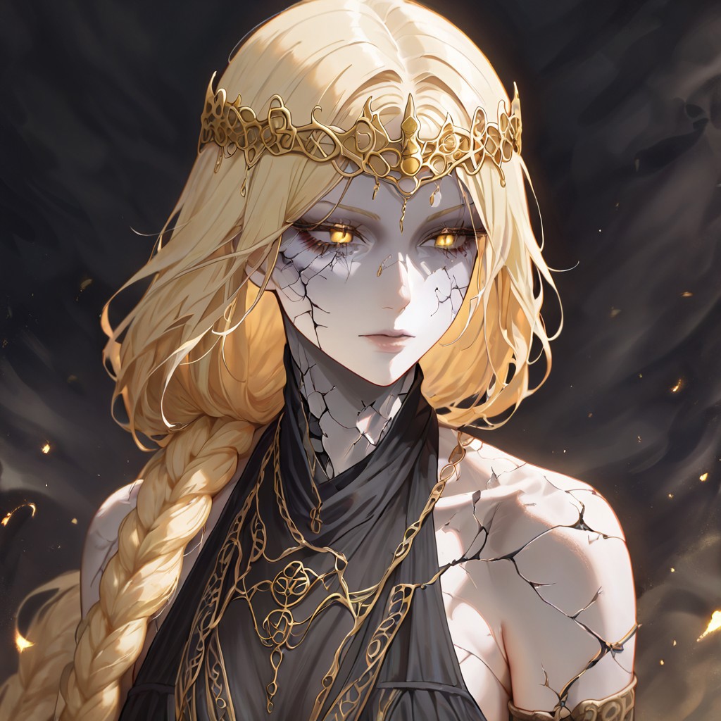 masterpiece, best quality, newest, absurdres, highres, 
DFV1.0 
1girl, queen marika the eternal (elden ring), bare shoulders, black dress, circlet, gold circlet, cracked skin, halter dress, halterneck, long hair, yellow eyes, braid, braided hair, long braid, blonde, blonde hair,