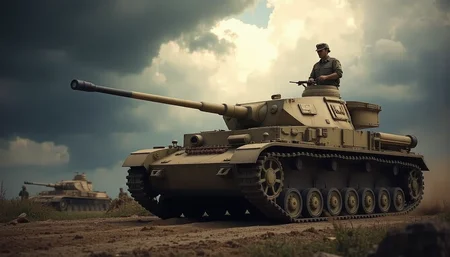 Realistic drawing of a battlefield, masterpiece, best quality, World War II (1.5), harsh battlefield atmosphere (1.4), Dark Clouds,Angel's Ladder (1.1), exquisite weapons (1.0), atmospheric lighting (1.1), cinematic composition (1.2), historical accuracy (1.4), <lora:panzer4f2:0.8>,
from front,low angle,(left facing turret:1.5),
