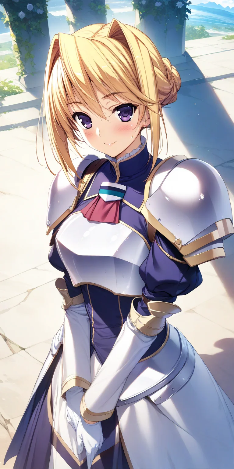 1girl, solo. sylvia_van_hossen, large breasts, blonde hair, purple eyes, hair bun, armor, gloves, sunbeam, blush, shoulder armor, pauldrons, white gloves, light rays, sunlight, wet, hair intakes, outdoors, sky, smile, single hair bun, day, cowboy shot, smile, <lora:XL-SylviavanHossen:1>, (masterpiece),(best quality),(ultra-detailed),(best illustration),(best shadow),(absurdres),(detailed background),(very aesthetic),