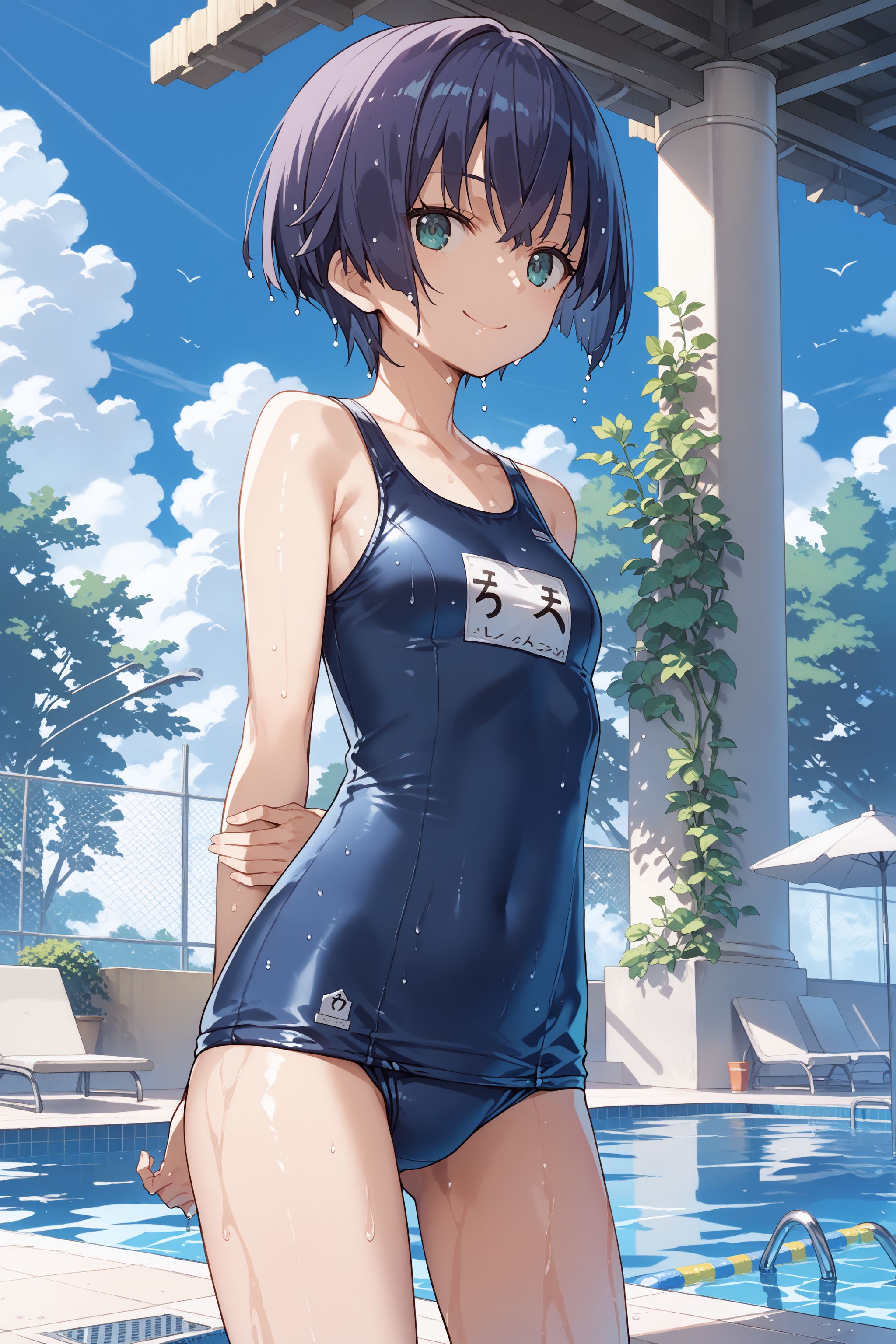 score_max, (score_9, score_8_up, score_7_up:1.0), score_6_up, official art,
masterpiece, absurdres, high detail, 8k,
summer, school, poolside, blue sky, cloud, cowboy shot,
standing, smile, arms behind back, holding own arm,
solo, ddphikari, short hair, school swimsuit, wet,
<lora:XL_Pony_gomaotsu-hikari-t1:0.9>