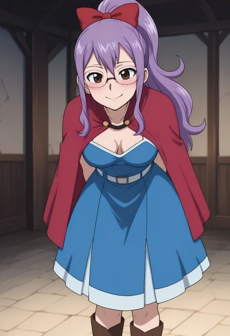 score_9, score_8_up, score_7_up,score_6_up, (best quality, absurd res, ultra detailed), (4 finger:0.5), masterpiece,,official style, source_anime,anime screencap, anime coloring,show accurate, intricate details,,1girl, ((solo)), zPDXLxxx , zPDXL3, OverallDetail, detailed face, 2d, <lora:HD Horizon v1_0:0.5>,hd,4k,<lora:anime_screencap_v2:0.3>,<lora:drundr:1.1>
 <lora:Laki Olietta - Fairty Tail:1> laki, purple hair, long hair, ponytail, brown eyes, glasses, breasts, cleavage, hair bow, red bow, blue dress, red cape, brown boots,
<lora:downblouse-illustriousxl-lora-nochekaiser:1>, downblouse, breasts apart, extended downblouse,, camisole, smile, blush,
(fantasy, blurry background, indoors, guild hall, very aesthetic, )