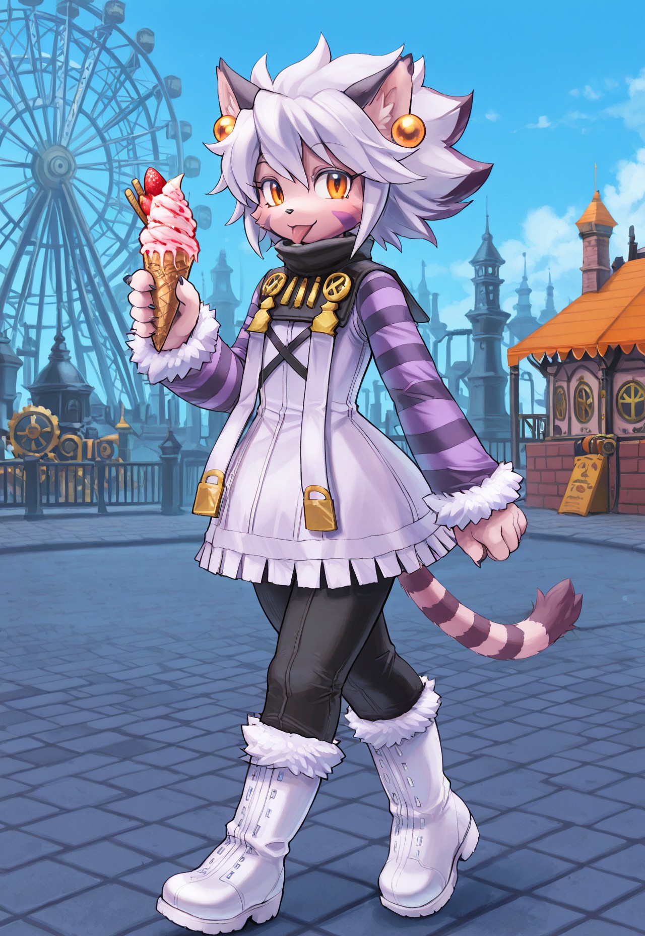 1girl, solo, anime, very aesthetic, steampunk amusement park, daytime, sunshine, furry female, cat ears, orange eyes, short hair, white hair, facial mark, animal nose, striped tail, elhattire, earrings, fur trim, striped sleeves, white boots, black pants, smiling, cute, licking an ice cream, ice cream cone with strawberry ice cream and chocolate toppings, walking on a brick pavement, looking at viewer