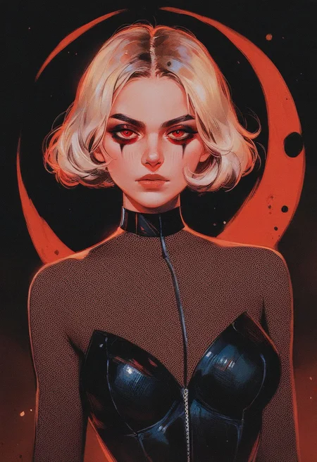 score_9, score_8_up, score_7_up, score_6_up, VitWaterStyle, 1girl, red eyes, black background, 1girl, dark, black bodysuit, suggestive pose, dynamic pose, moonlight, perfect female waist, halftone lighting, makeup, eyeliner, eyeshadow, mascara, detailed drawing