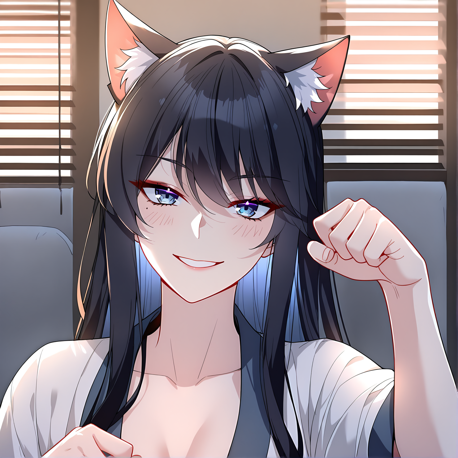 masterpiece,best quality,newest,absurdres,highres,safe,<lora:noobai_ep11_stabilizer_v0.138_fp16:1>,1girl,black hair,wei_nan,<lora:wei6:1>,wei_nan,portrait,detailed eyes,seductive_smile,paw pose,cat ears,