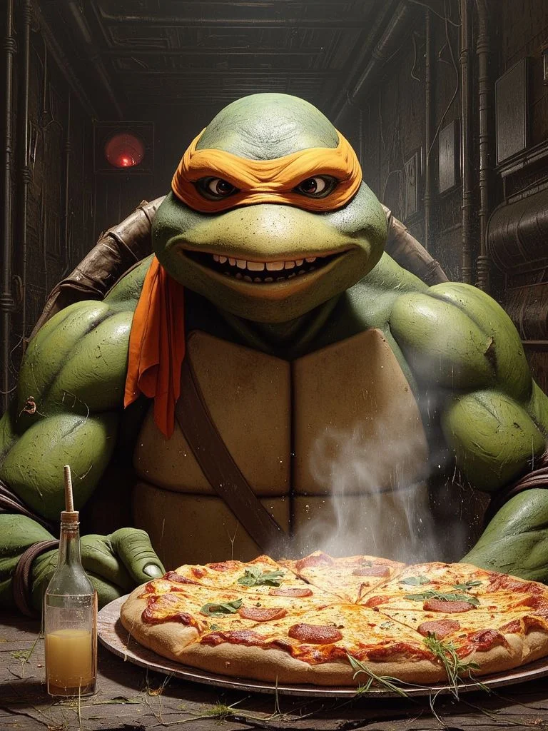 <lora:Dever_Flux_Enhancer:0.5>, <lora:flux_realism_lora:1>, <lora:TMNT_AIO_Flux_Newest:1>, solo, a solo TMNTMichelangelo a teenage mutant ninja turtle wearing an orange mask with eye-holes, sitting in a sewer apartment at a table with a big delicious pizza on the table with steam rising from the pizza. He is very happy and smiles wide at the viewer while casually posing for a photo in an Instagram style photo. The image is clear and high quality as if taken by a professional photographer in real life but natural as if posted to Instagram. The background is filled with a sewer interior setting with grimy stone walls and inside a sewer. The image is well lit and gives the feeling of having a nice meal with a good friend. ((source_IRL, source_movie)), <lora:Hyper-FLUX.1-dev-16steps-lora:0.125>