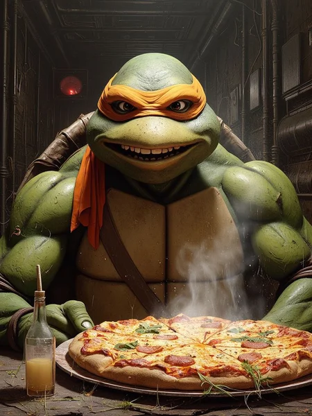 <lora:Dever_Flux_Enhancer:0.5>, <lora:flux_realism_lora:1>, <lora:TMNT_AIO_Flux_Newest:1>, solo, a solo TMNTMichelangelo a teenage mutant ninja turtle wearing an orange mask with eye-holes, sitting in a sewer apartment at a table with a big delicious pizza on the table with steam rising from the pizza. He is very happy and smiles wide at the viewer while casually posing for a photo in an Instagram style photo. The image is clear and high quality as if taken by a professional photographer in real life but natural as if posted to Instagram. The background is filled with a sewer interior setting with grimy stone walls and inside a sewer. The image is well lit and gives the feeling of having a nice meal with a good friend. ((source_IRL, source_movie)), <lora:Hyper-FLUX.1-dev-16steps-lora:0.125>