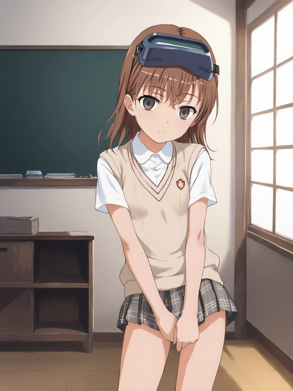 solo, <lora:misaka_imouto:1> misaka imouto, 1girl, small chest,, score_9, source_anime, score_8, , posing, (detailed:1.3), <lora:pony_good_hands:1> good_hands, 5fingers, room, indoor , tokiwadai school uniform, imouto visor on head, empty eyes, general