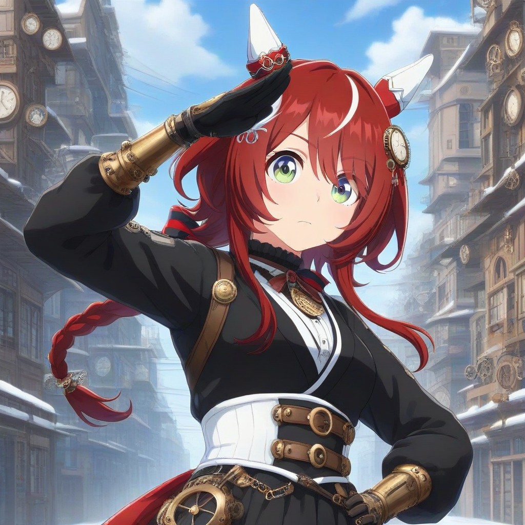 ,snow, winter, steampunk city, ,win variation \(umamusume\),1girl, bleach,, floating Massive snows, 
,long braid,short hair,win variation \(umamusume\)
, solo, japanese clothes, black kimonoblack kimono shirt,white sash, (katana),
detailed background,detailed skin,power_lines,speed_lines
(, salute,close-up, clock and gear,  bow pose,  arm up, hand on hip, 
outdoor, steampunk, clock tower), 
ultra-detailed background, bleach, solo, japanese clothes, black kimono
:0.6),