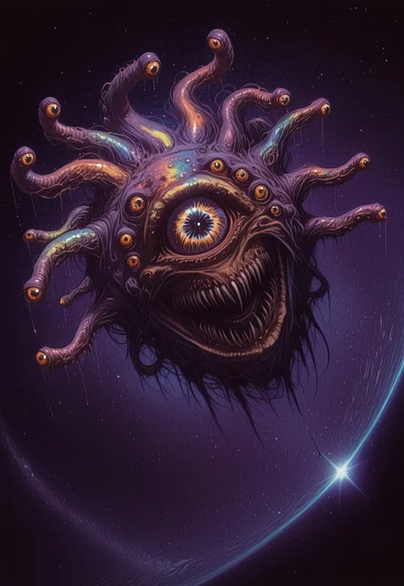 neon_horror_noir_style, Beholdertentacles-ILV1.0, fullbeholder, beholder, eyed Tentacles, tentacles with eyes, extra eyes, monster, horror, cosmic, colorful, masterpiece, high quality, best quality, dynamic angle, space, magic,