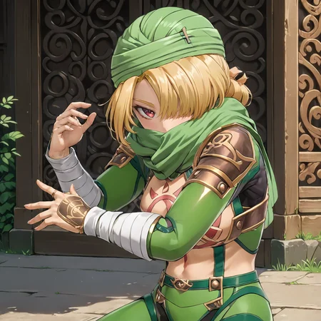 1girl, green outfit, <lora:SheikXL:.8>, soft hands, red eyes, blonde hair, (anime, masterpiece, intricate:1.3), (best quality, hires textures, high detail:1.2), (4k),(incredibly detailed:1.4),UHD, 8K, ultra detailed