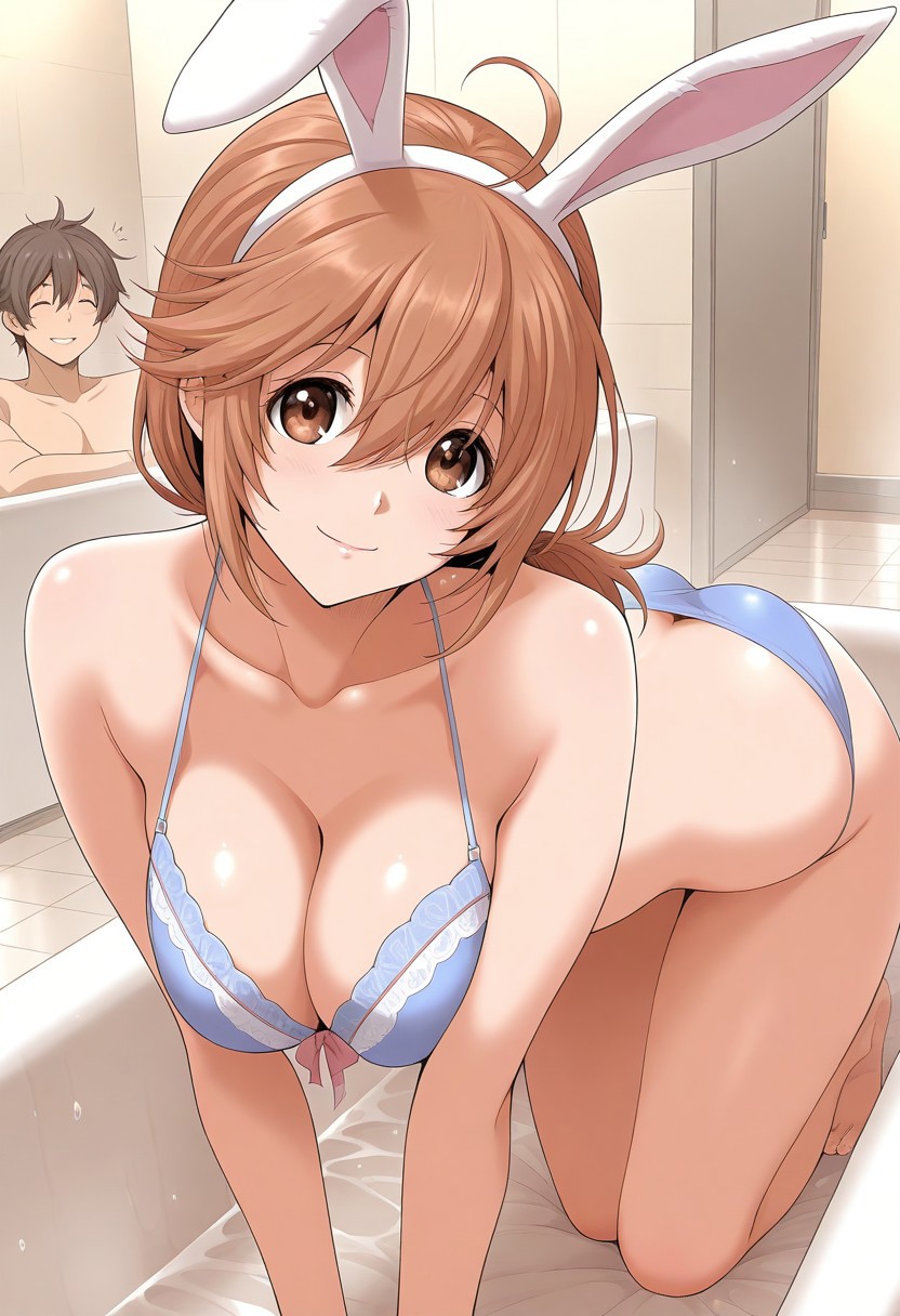 score_9, score_8_up, score_7_up, source_anime,(extremely detailed CG), (best quality),brown eyes, brown hair, smile, misato,
indoors, ahoge, hair rings, all fours, closed eyes, frilled bra, swimsuit, netorare, hair between eyes, ass, low ponytail, bathtub, rabbit ears, clothes pull