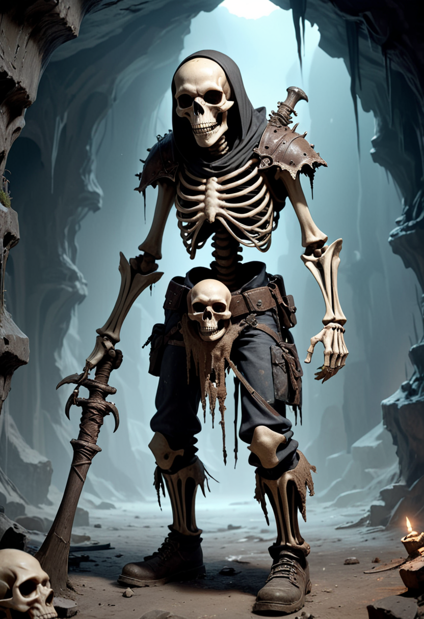 (medium full shot) of (terrifying skeleton)  grunt, wearing Bone helmet, tattered jerkin, moldy trousers, decayed boots, spiked gauntlets, holding wielding bone club, set in the cursed lands, in  a mystical skeletal cave, bathed in a faint, ghostly light, with walls that seem to hold ancient secrets and forgotten tales  , at night, ,Masterpiece,best quality, photo, realistic, very aesthetic,
