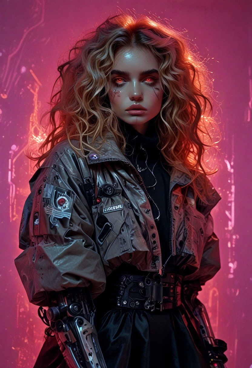 score_7_up, (score_9:1.1), (ugly:0.9),(pretty:1.4),1woman, adult, realistic, realism, hyper realistic, sparkling hair, floaty hair, wavy hair, (soft light coloured hair:1.3), (red iris, glowing iris, neon white pupils:1.3), looking at viewer, big hair, huge afro, zero gravity hair, detailed, perfect, perfection, hands, big scar across face,
BREAK,
((extra_puffy_jacket, black skirt, glossy lips, shiny skin)), full lips, hands behind back, (upper body:1.9),  blocky shape cybernetics, cybernetics, cybernetic skin, raised eyebrow, pale skin, ((snub nose:1.4)), breasts, (prominent abs:1.1), focus upper body,  sweating, 
BREAK,
(neon background, future slums, neon, cybernetic background, mist:1.3),(cybernetic mechanical arm, prosthesis:1.3),