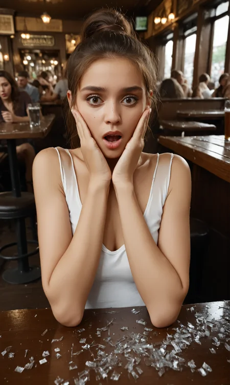 loasha
woman in a white blouse sitting on table with broken glass all over the table, locking ashamed with hands on face, on a crowded pub
, necklace, short brunette ponytail
<lora:LookingAshamed:1>